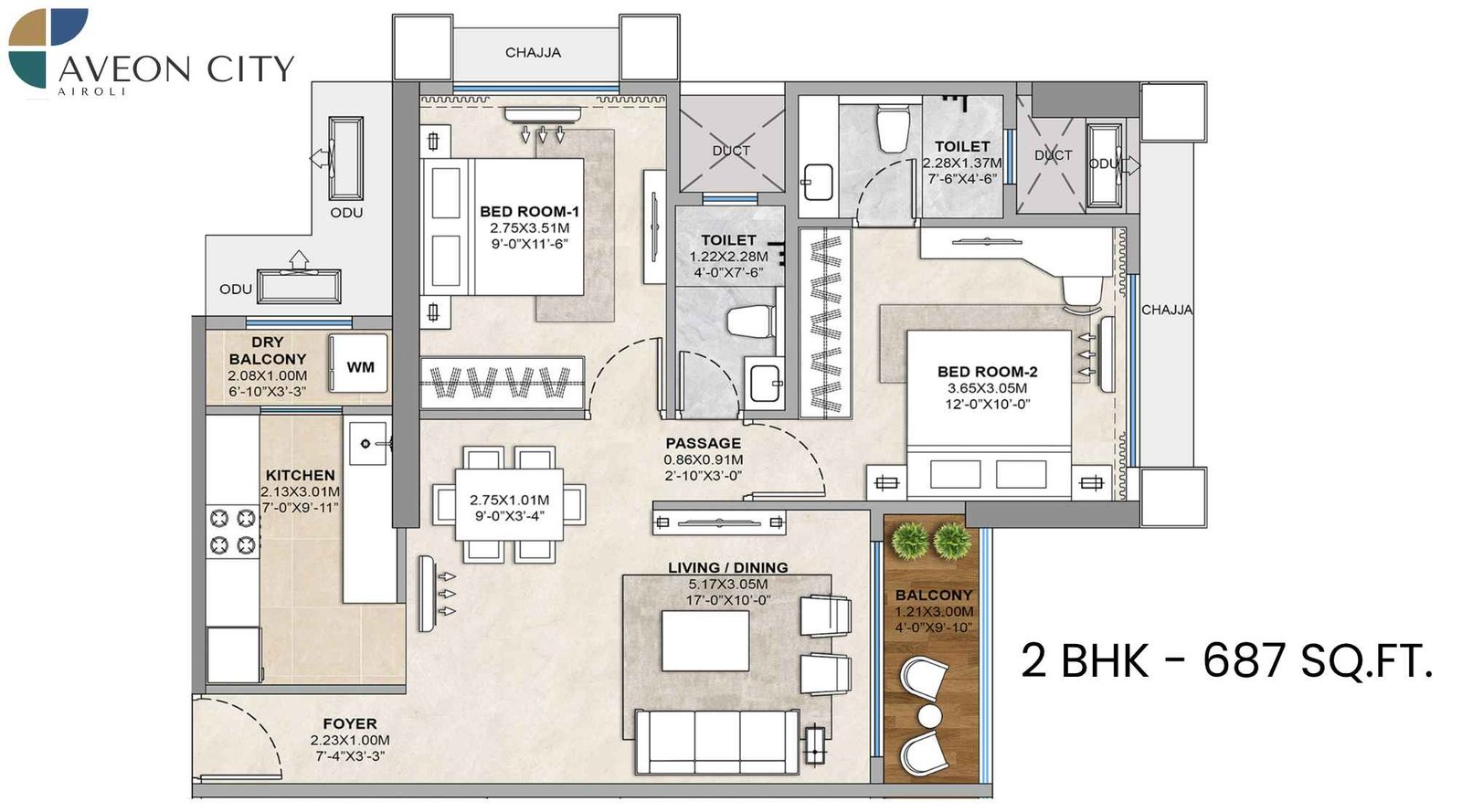 Balaji-Tricity-Delta-Aveon-City-Floor-Plan-2-BHK-687-Sqft